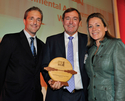 Environmental Achievement Award (from left): John Lawrence from sponsor World Market Intelligence; Steve Warwick of winner Jewson; and Sarah Beeny