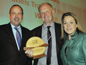 Panels Trader of the Year (from left): Andrew Macdonald of sponsor Coillte Panel Products; Chris Hopton of winner Lawcris Panel Products; and Sarah Beeny